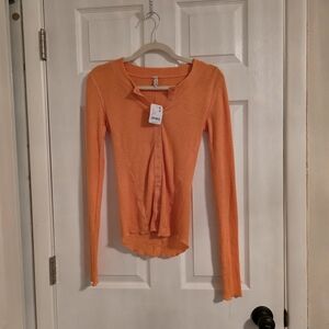 Free People Orange Thermal Long Sleeve Henley Top Size Small